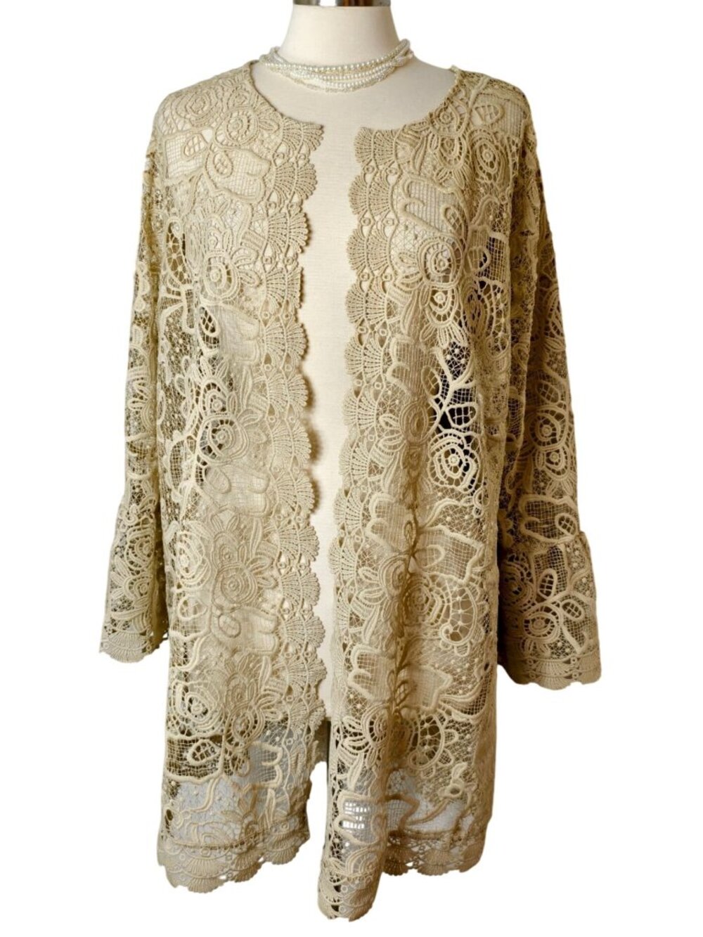 Cato Womens 18/20W Crochet Lace Cardigan Beige Chic Floral Open Front 3/4 Sleeve